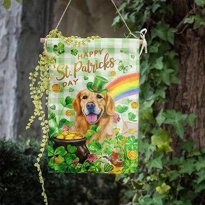 Golden Retriever St Patricks Day Garden Flag Dog St Patrick's Day Yard Flags for Outside 12x18 Double Sided Buffalo Plaid Shamrock Flag Small Outdoor Rainbow St Patrick's Decor
