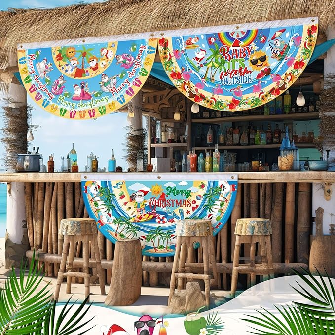6 Pcs Summer Christmas Bunting Fan Flag July Summer Bunting Flag Hawaii Santa Flamingo Palm Tree Garden Half Fan Banner Decoration for Hawaii Beach Pool Outdoor Yard Decor, 1. 5 x 3 ft