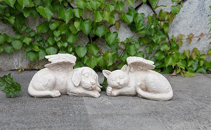 Napco Sleeping Cat with Angel Wings Brushed Ivory 9.5 x 5 Resin Bereavement Garden Statue