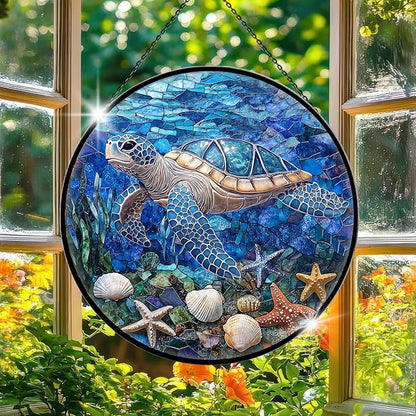 Sea Turtle Suncatcher Decor - Sea Turtles Gifts for Women - Turtles Stained Glass Window Hanging for Turtle Lovers - Blue Sea Glass Wall Art Home Decor Outdoor Garden for Women, Moms, Beach Lovers