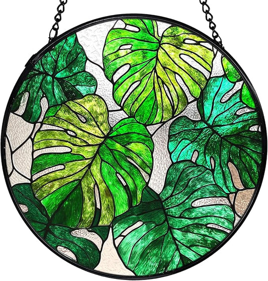Monstera Leaf Plant Suncatchers Stained Glass Window Hanging, Monstera Decor Sun Catchers Indoor Window Glass Round Wall Decor, Plant Lovers Gifts Wall Hanging Decorations, 7.9x7.9in