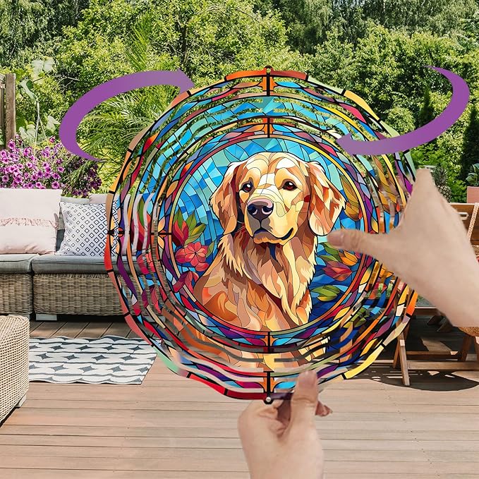 Golden Retriever Wind Spinner Pet Dog Memorial Gifts, Vibrant 3D Kinetic Aluminum Metal Hanging Outdoor Garden Decor, Loss of Dogs Sympathy Gifts, 8" Wind Sculptures for Patio, Porch Yard Art (GR3)