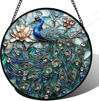 DASTOLL Stained Glass Window Hanging, Blue Peacock Decoration Suncatcher for Door Garden Home Flower Bird Sun Catchers Christmas Mother's Day Birthday Gifts for Women Men Mom Nana Friend 14.9 in