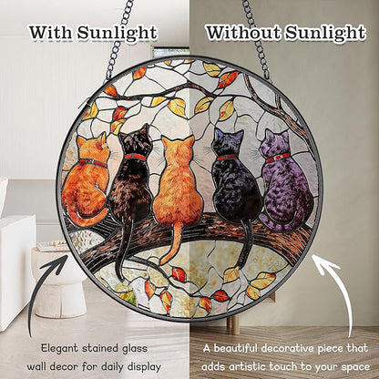 Cat Stained Glass Window Hanging with Hook – 6.3" Handcrafted Suncatcher, Vibrant Decor for Living Room Office, Unique Gifts for Women, Mom, Teen Girls, Cat Lovers