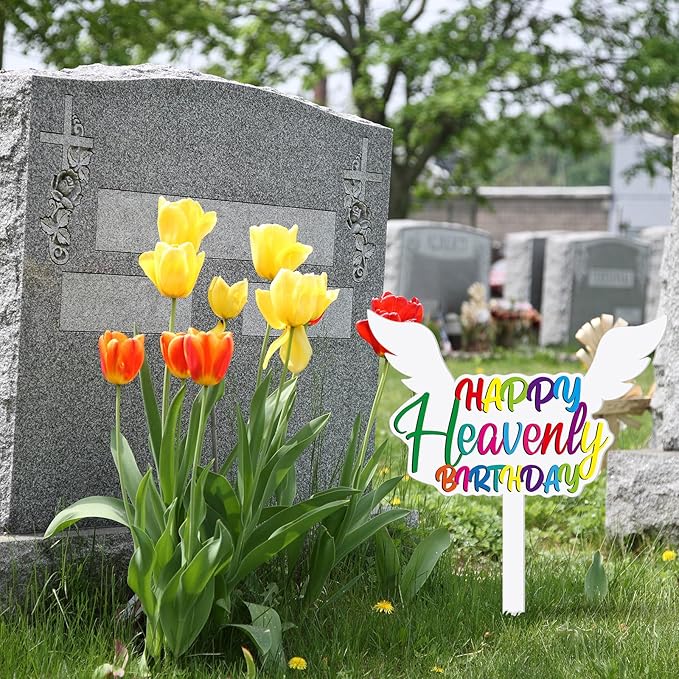 AceOrbit 2 Pcs 13.8 X 7.9 Inches Large Happy Birthday in Heaven Decorations Cemetery Decorations for Grave Metal Memorial Remembrance Stake, Grave Markers for Human Cemetery Yard Site Outdoor (White)