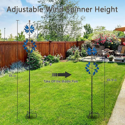 hogardeck Large Wind Spinner Outdoor, 85" Metal Kinetic Wind Spinner with Heavy-Duty Stakes, 360° Rotating Double-Layer Retro Yard Art for Home Outside Garden Lawn Backyard Patio Decor (Blue, Bronze)