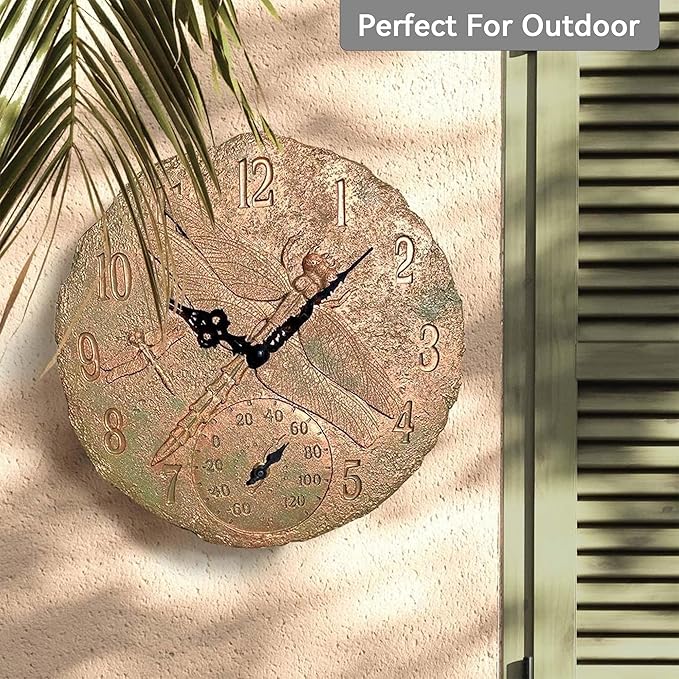 Lily's Home Hanging Wall Clock, Includes a Thermometer, Ideal for Indoor and Outdoor Use, Wonderful Housewarming Gift for Friends, Polyresin