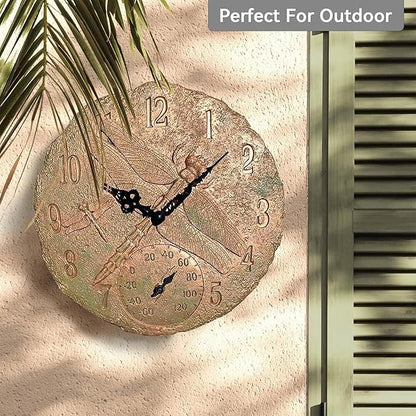 Lily's Home Hanging Wall Clock, Includes a Thermometer, Ideal for Indoor and Outdoor Use, Wonderful Housewarming Gift for Friends, Polyresin