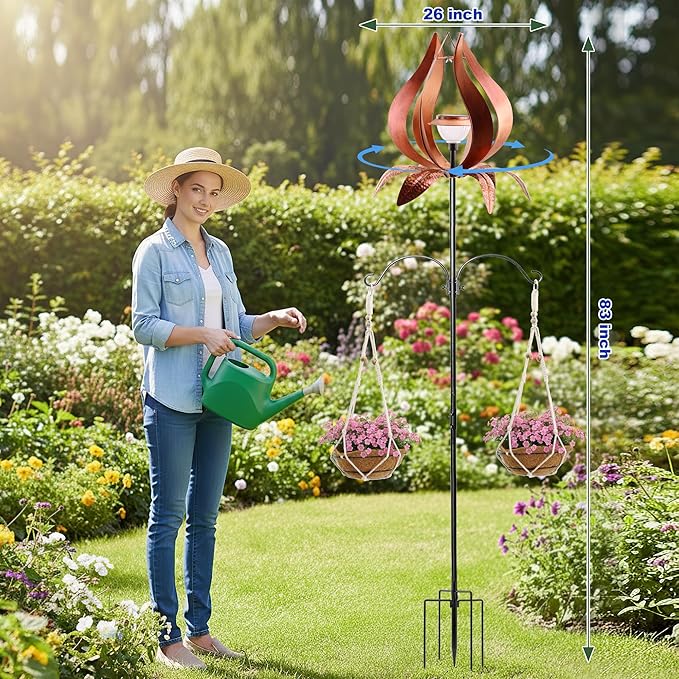 Multi-Functional Yard Wind Spinners with Solar Lights Outdoor Garden,YNGFIL Large Ornaments Outdoor with Double Shepherds Hooks and Coconut Fiber Liner Hanging Planters (83 in)