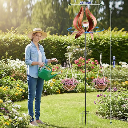 Multi-Functional Yard Wind Spinners with Solar Lights Outdoor Garden,YNGFIL Large Ornaments Outdoor with Double Shepherds Hooks and Coconut Fiber Liner Hanging Planters (83 in)