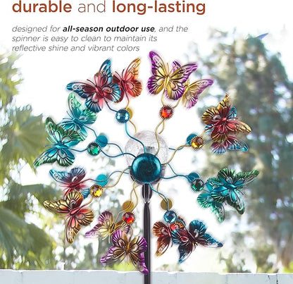 Alpine Corporation 60" Tall Outdoor Solar Metal Butterfly Wind Spinners with Color Changing LED Lights, Garden Decor, Multicolor