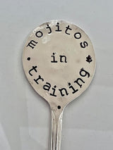 Herb Marker, Mint Funny Saying, Mojitos in Training, Hand Stamped on Silver Plate Gumbo Spoon, Garden Marker to Stick in Potted herb Plant