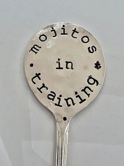 Herb Marker, Mint Funny Saying, Mojitos in Training, Hand Stamped on Silver Plate Gumbo Spoon, Garden Marker to Stick in Potted herb Plant
