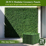 28Pcs Artificial Grass Wall Panels 10" x 10" Faux Boxwood Green Wall UV Resistant Privacy Screen 19.44 Sq Ft with Full Installation Kit for Indoor Outdoor Garden Fence Party Decor