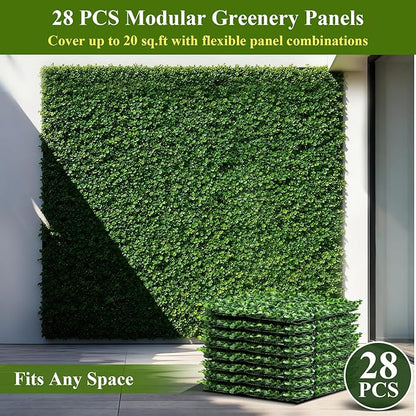28Pcs Artificial Grass Wall Panels 10" x 10" Faux Boxwood Green Wall UV Resistant Privacy Screen 19.44 Sq Ft with Full Installation Kit for Indoor Outdoor Garden Fence Party Decor
