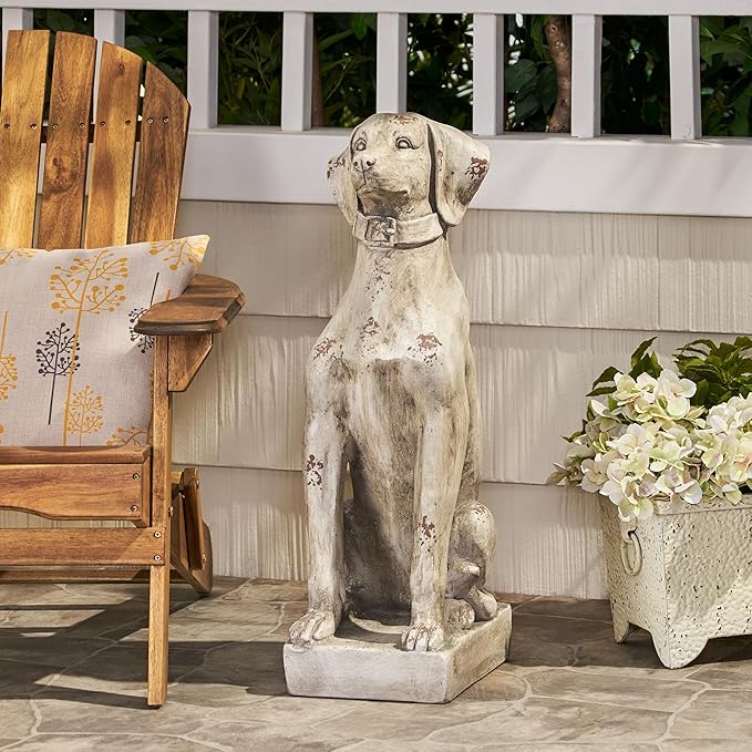 Merax MGO Antique White Dog Garden Statue - Outdoor Cast Stone Decor, Vintage-Style Yard Art, Weather-Resistant Patio Sculpture, No Assembly Required (31.5" H x 13" W)