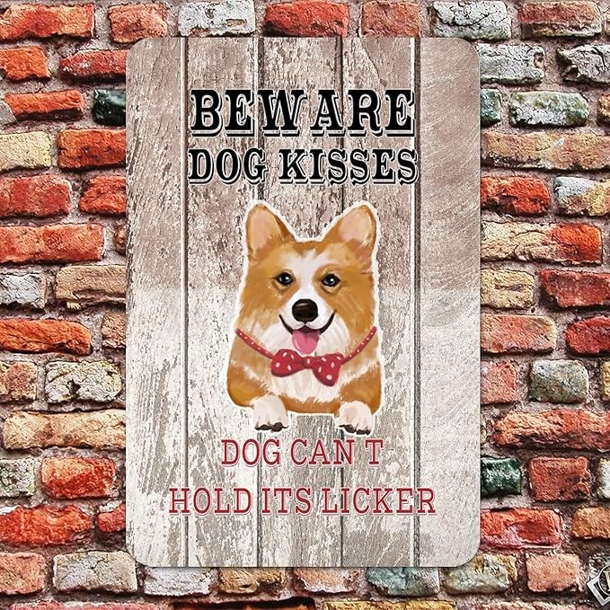 Beware Dog Kisses Dog Can't Hold Its Licker Street Metal Signs Vintage Man Cave Warning Aluminum Metal Tin Sign for Garden Patio Yard Cafe Pub Home Decor Wall Art Print Poster 8x12