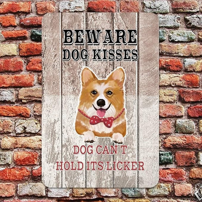 Beware Dog Kisses Dog Can't Hold Its Licker Street Metal Signs Vintage Man Cave Warning Aluminum Metal Tin Sign for Garden Patio Yard Cafe Pub Home Decor Wall Art Print Poster 8x12