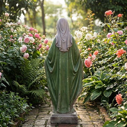 Virgin Mary Statue, 31.1'' H Outdoor Statue Garden Decor Mother Mary Statue for Patio Yard Home Hallway Entryway Magnesium Oxide Stone Large Outdoor/Indoor Decor Sculptures Gray Green