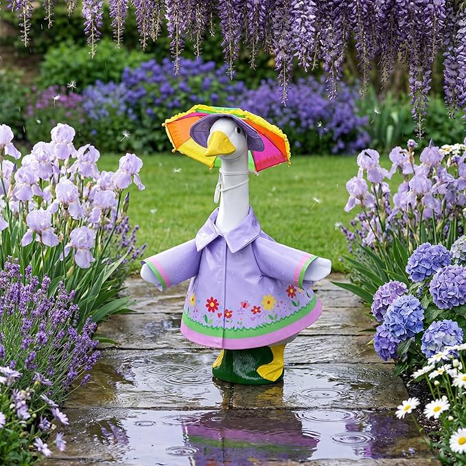 DECOHS 3 Pcs/Set Raincoat Porch Goose Outfits, Summer Lawn Goose Statue Raincoat Costume, Yard Goose Clothes Raincoats Umbrella Hat Outfit for 23" Statue Patio Garden Decoration (Purple)