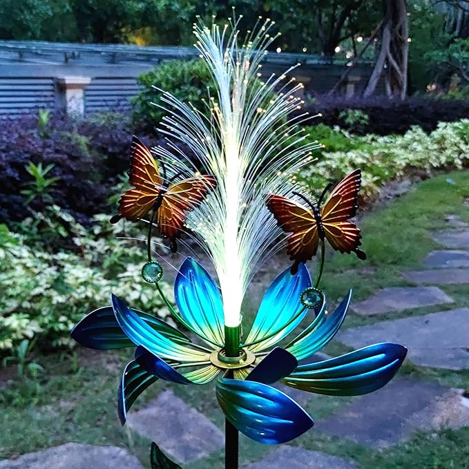 Solar Garden Wind Spinner, Blue Metal Lotus Flower with LED Lights, Butterfly Decorative Stake for Yard, Patio, Lawn