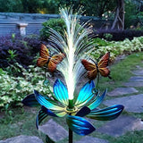 Solar Garden Wind Spinner, Blue Metal Lotus Flower with LED Lights, Butterfly Decorative Stake for Yard, Patio, Lawn