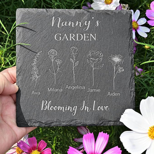 Personalized Garden Stone - Birth Flower Gift for Her, Mom, Grandma, Nanny - Custom Birth Month Flower - Mother's Day Present