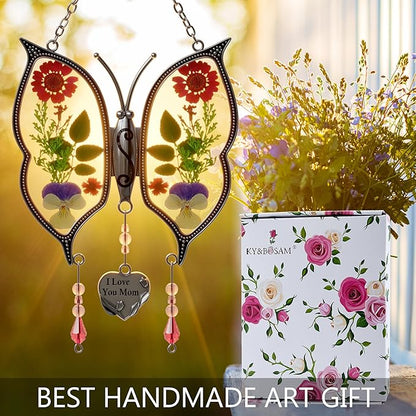 KY&BOSAM Metal Glass Butterfly Suncatcher with I Love You Mom Engraved Tag Real Preserved Dried Flower Window Hanging Ornament Garden Home Wall Decor Mother's Day Birthday Gift for Mom Grandma Nana