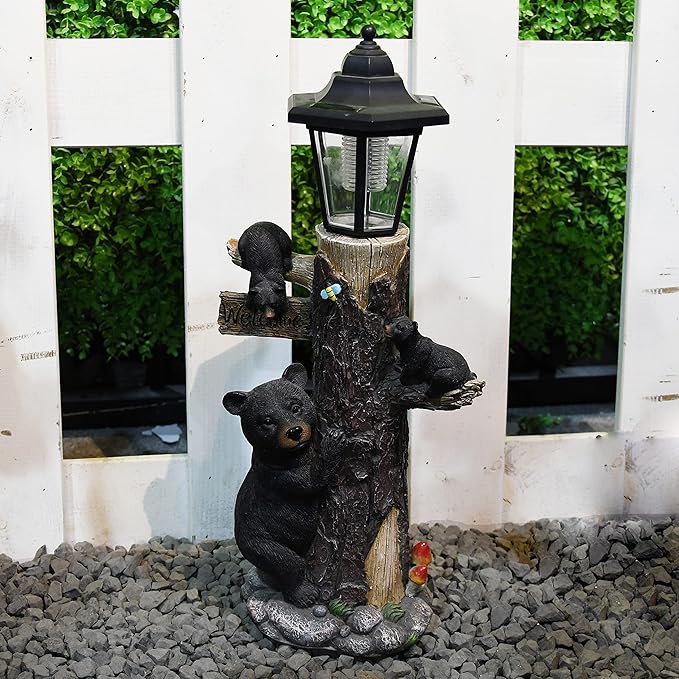 Bear Statue Welcome Sign Garden Statue with Solar Lights, 19 Inches Resin Bear Family on The Tree, Outdoor Bear Décor for Yard, Garden, Lawn, Patio, Black, Spring Decorations for Home