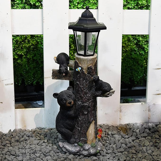 Bear Statue Welcome Sign Garden Statue with Solar Lights, 19 Inches Resin Bear Family on The Tree, Outdoor Bear Décor for Yard, Garden, Lawn, Patio, Black, Spring Decorations for Home
