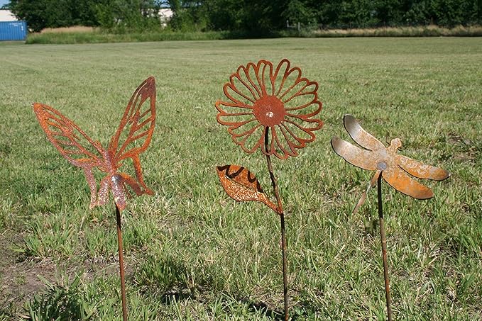 Metal Rustic and Colorful Flower Stakes Ranging from 9.5 to 36 Inches Tall (Daisy, Butterfly and Dragonfly Stake Set, Naturally Rusted)