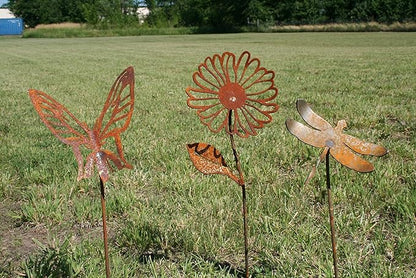 Metal Rustic and Colorful Flower Stakes Ranging from 9.5 to 36 Inches Tall (Daisy, Butterfly and Dragonfly Stake Set, Naturally Rusted)