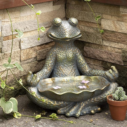 Glitzhome Meditating Yoga Frog Outdoor Statue Garden Sculpture Decor with Birdbath, 14.25" H, Bronze