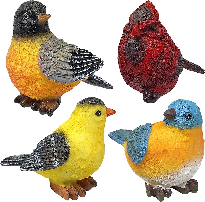 Songbird Garden Figurines Set of 4 – Cardinal, Bluebird, Goldfinch & Robin – Decorative Bird Statues for Home Décor, Spring Decorations, Crafting, Shelf Table Display – 3.75" W x 3" H