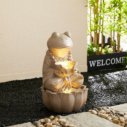 Glitzhome Outdoor Frog Statues Garden Decorations 22" H, Zen-Style Meditative Frog Sculpture Water Fountains LED Floor Standing Fountain Outside Frog Statue with Birdbath for Backyard Decking Decor