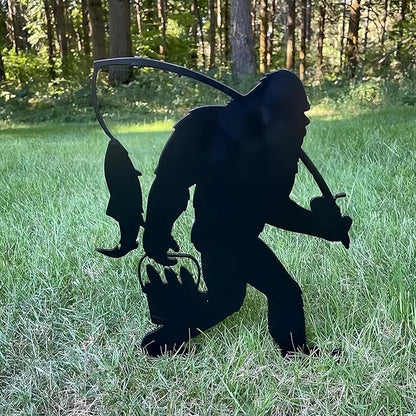 2025 Funny Bigfoot Garden Stake Metal Sign Art Yard Animal Decoration, Various Metal Sasquatch Black Big Foot Sculpture Outdoor Silhouette Statues for Garden Yard Patio Lawn (Fishing)