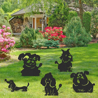 Dog Garden Decor for Outside - 5 Pcs Metal Dogs Statue Yard Stakes Funny Animal Silhouette Outdoor Art Ornaments Waterproof Backyard Lawn Pathway Signs Halloween Christmas Decorations Gifts