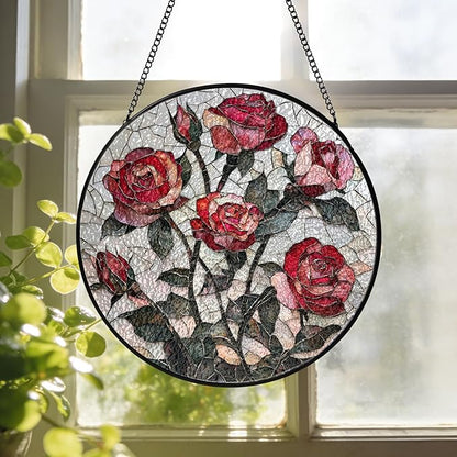 Pink Red Roses Stained Glass Window Hanging Suncatchers Valentine Roses Glass Panel Hangings Vintage Floral Window Decor Flowers Lovers Gift for Women Mom Spring Garden Nature Ornament 3.9inch