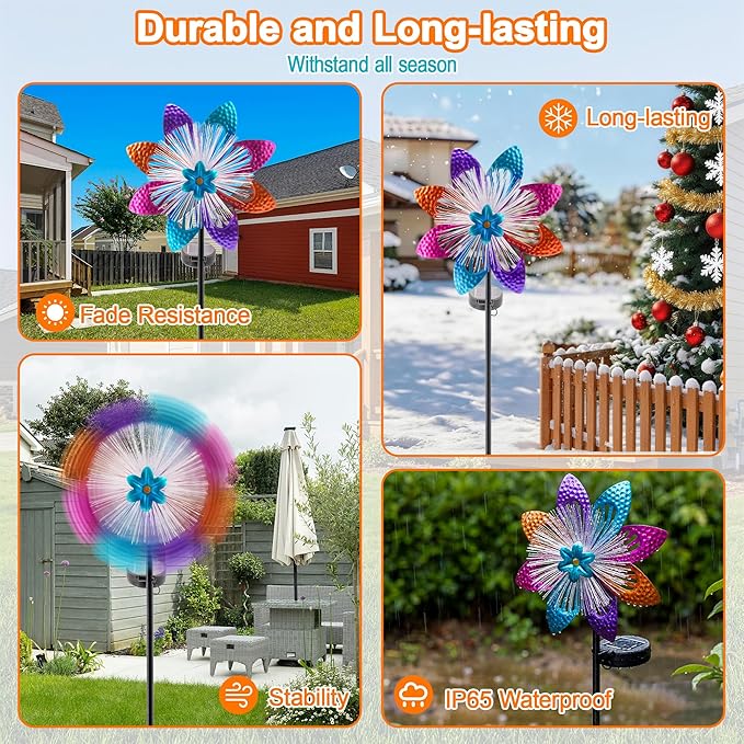 Solar Wind Spinners Outdoor, Metal Wind Sculptures & Kinetic Spinners with Optical Fiber, Garden Spinner Windmills for Yard Decor, Patio Backyard Lawn Decorations, Gifts for Family Friends