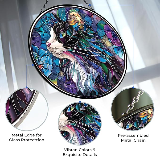 Tuxedo Cat Stained Glass Sun Catcher Mountain Stained Glass Window Hanging, Suncatchers Lavender Wall Decor, for Women/Friends/Lover