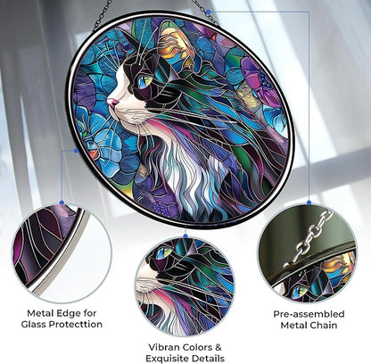 Tuxedo Cat Stained Glass Sun Catcher Mountain Stained Glass Window Hanging, Suncatchers Lavender Wall Decor, for Women/Friends/Lover