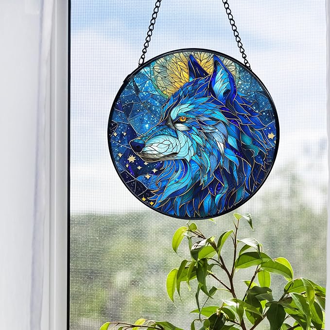 Funny Wolf Gifts Suncatcher Window Hanging, Wolf Decor Sun Catchers Indoor Window Round Glass Wall Art Decor, Animal Lover Gifts Suncatcher Wall Hanging Decorations, 711cz-blh-wolf Patio
