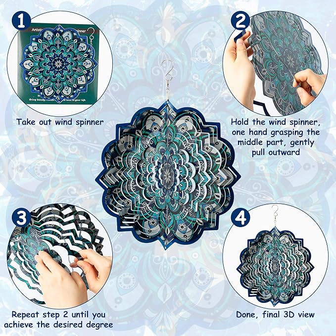 3D Mandala Wind Spinner - 12 Inch Hanging Blue Wind Spinner Stainless Steel Outdoor&Indoor Kinetic Sculpture, Metal Laser Cut Garden Decor Yard Art Decorations, Ornament Gift for Women Men