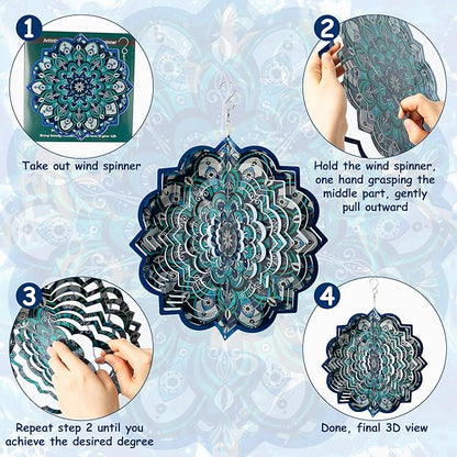 3D Mandala Wind Spinner - 12 Inch Hanging Blue Wind Spinner Stainless Steel Outdoor&Indoor Kinetic Sculpture, Metal Laser Cut Garden Decor Yard Art Decorations, Ornament Gift for Women Men