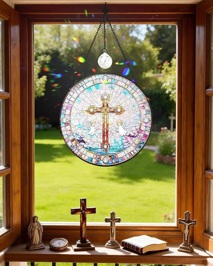 Christian Stained Glass Window Hanging Sun Catcher, Religious Faith for Mom or Grandma, Church Window Decor