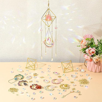 Knitgrip 6 Set 508 Pcs DIY Crystal Suncatcher Making Kits Craft with Rainbow Pendants Chains Gemstone Sun Catcher Hanging Colorful Crystal Prisms Windows Decor Wind Chimes with Chain Pendant Decor