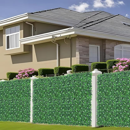 Grooy 71"x 126"(62 sq.ft) Artificial Boxwood Roll Panels with Flowers, UV-Anti Faux Ivy Leaves Privacy Fence Screen, Grass Wall Roll Panels for Indoor Home Decor and Outdoor Garden Backyard