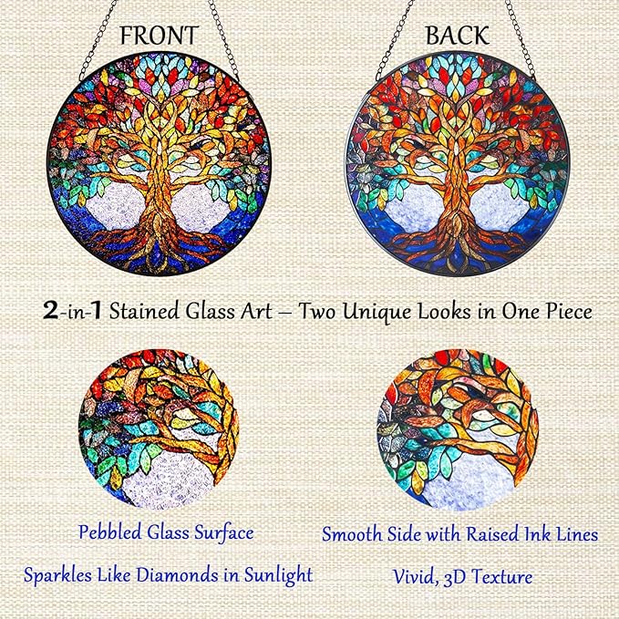 Double Sided Tree of Life Stained Glass Window Hanging, 7.9" Sun Catcher Panel, Green Plant Wall Art for Home & Garden, Unique Gift for Women & Men