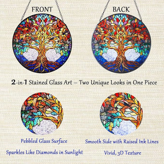 Double Sided Tree of Life Stained Glass Window Hanging, 7.9" Sun Catcher Panel, Green Plant Wall Art for Home & Garden, Unique Gift for Women & Men