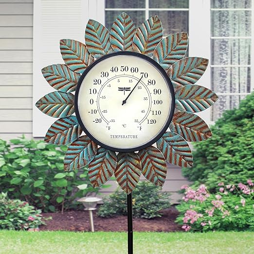 Leaf Outdoor Thermometer Decorative-42Inch Metal Leaf Garden Stake,Outside Thermometer for Patio Garden Decor for Yard and Lawn Decorations